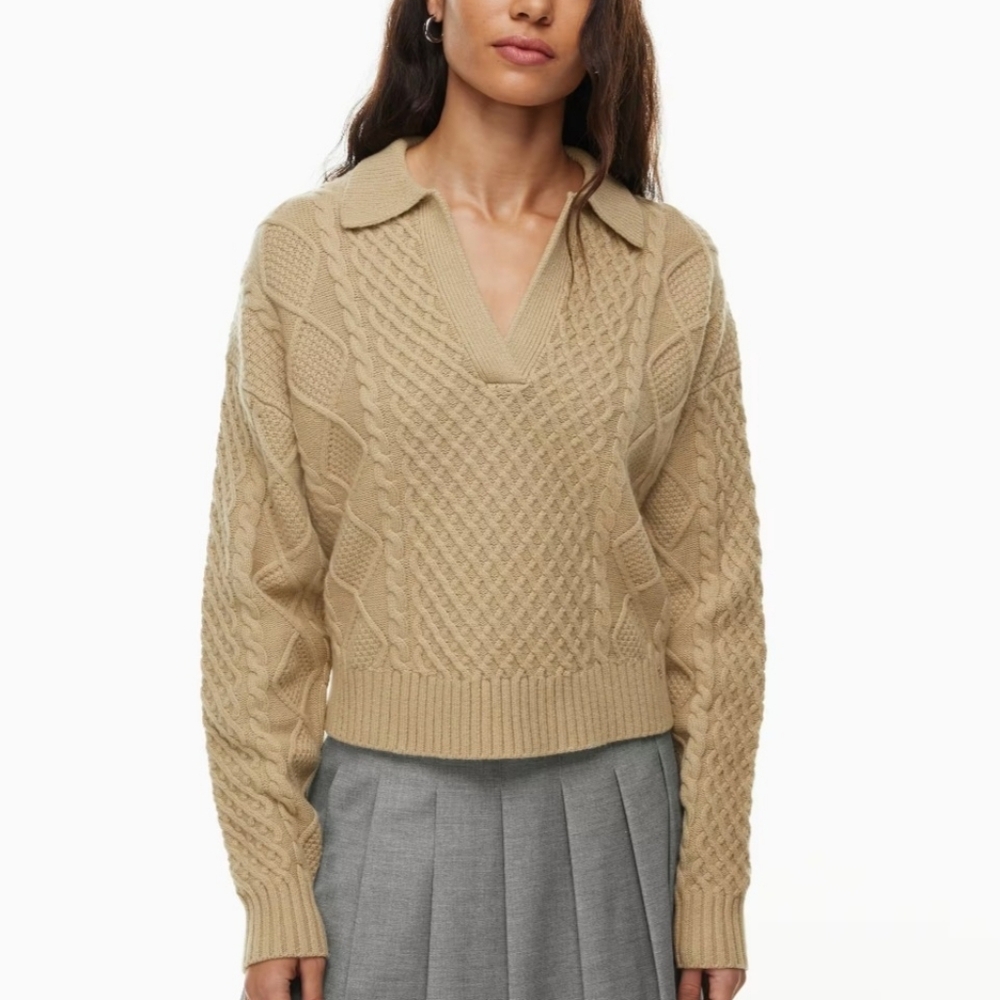 Sunday Best Aritzia Lottie V-Neck Knit Cable Cropped Wool Blend Tan Sweater, M